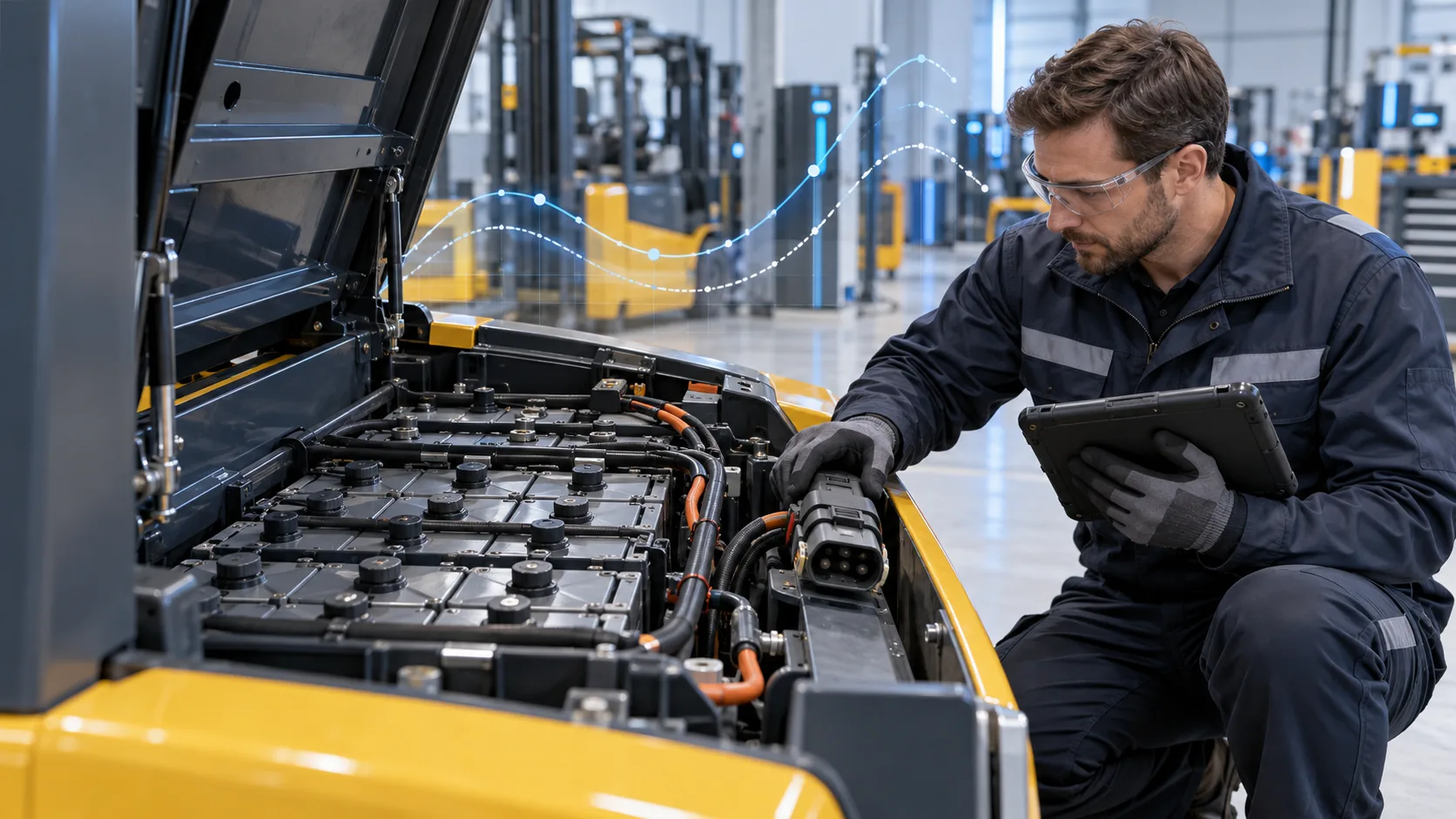 Técnico revisando los ciclos de carga de una batería de tracción durante una inspección